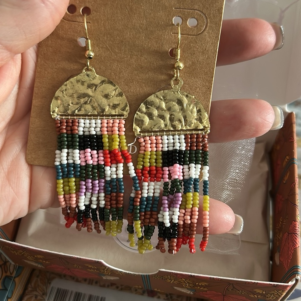 Plunder Gold and Red Dangle Earrings with Textured Top and Beaded Fringe